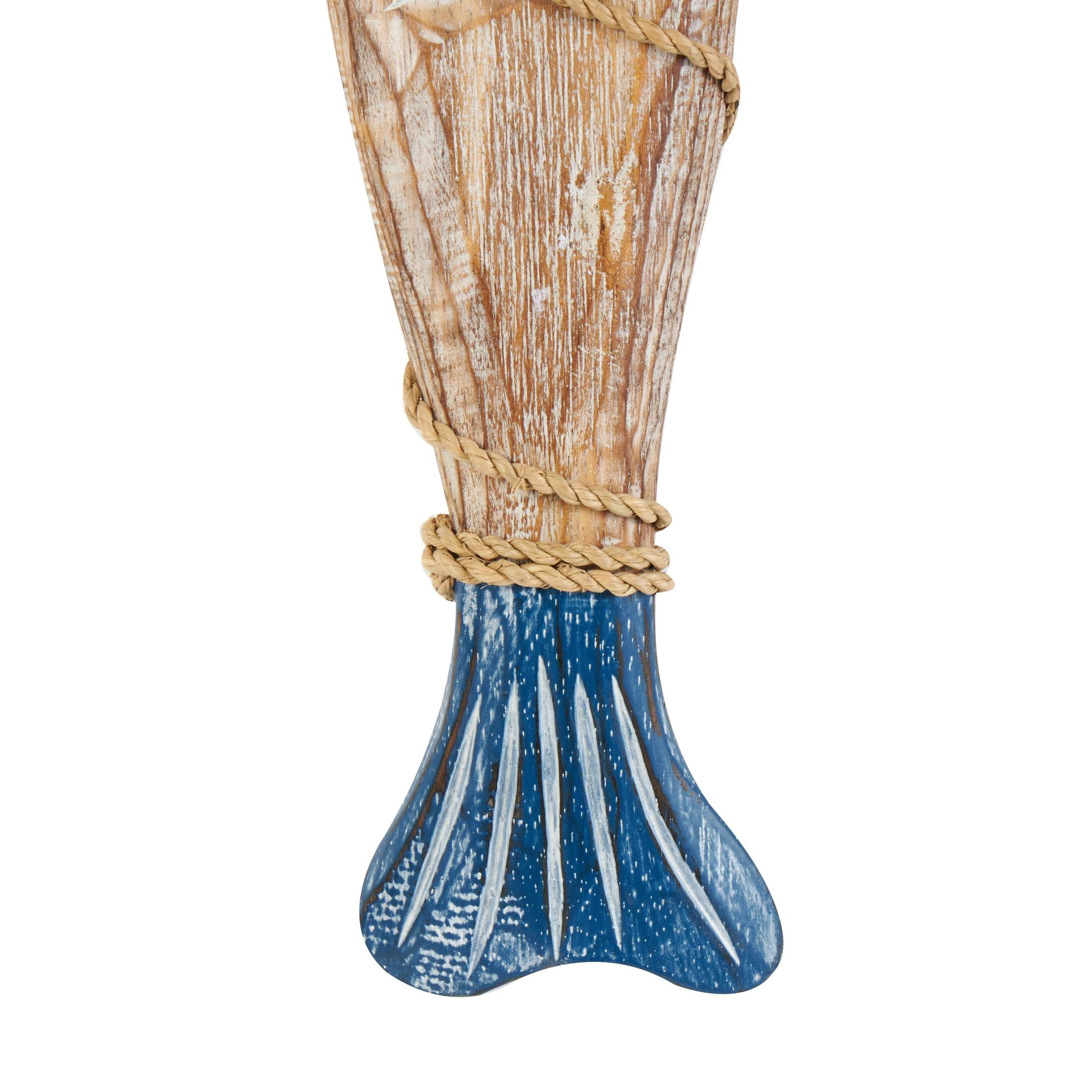 DecMode Blue Wood Handmade Fish Wall Decor with Wrapped Jute Hanging Rope (3 Count)
