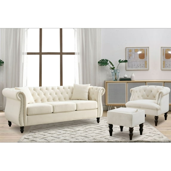 3 Pieces Living Room Furniture Sofa Sets, Modern Velvet Chesterfield Sofa, Chesterfield Club Chair, Chesterfield Loveseat Sofas Set with Nailhead Trim Scroll Arms for Living Room, Apartment, Beige B