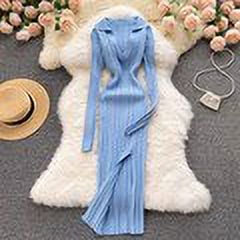 SINGREINY, vestido de punto coreano para mujer, manga larga, cuello en V, elástico, ajustado, vestidos de tubo, otoño 2021, vestido Sexy ceñido al cuerpo, suéter dividido Tan Jianjun unisex