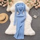 thumbnail image 1 of SINGREINY, vestido de punto coreano para mujer, manga larga, cuello en V, elástico, ajustado, vestidos de tubo, otoño 2021, vestido Sexy ceñido al cuerpo, suéter dividido Tan Jianjun unisex, 1 of 2