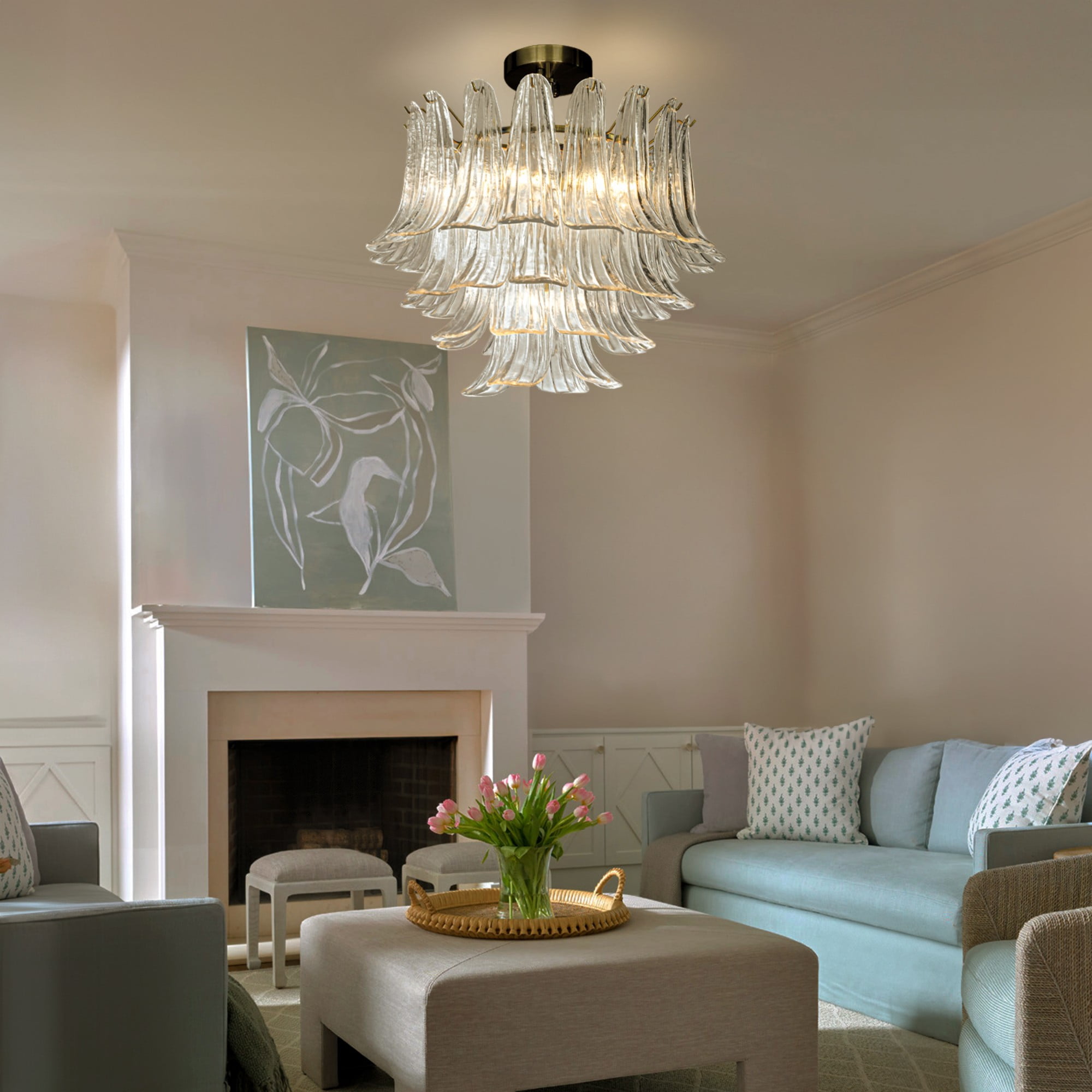 W24 in 5-Light Vintage Mid-Century Modern Close to Ceiling Light 4-Tier Clear Art Glass Glam Flush Mount Ceiling Light in Antique Bronze for Living Room  Dining Room