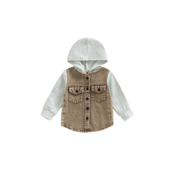 Bagilaanoe Toddler Baby Boy Hooded Jacket Denim Patchwork Long Sleeve Single-Breasted Shacket with Pockets 6M 12M 18M 24M 3T 4T Kids Fall Casual Outwear