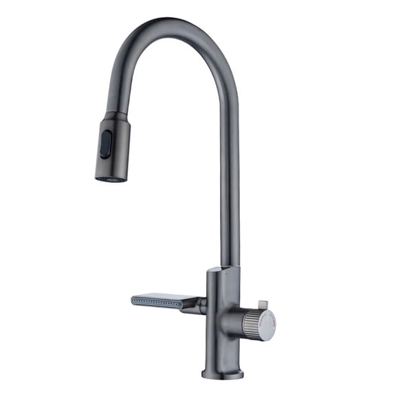 Gray All Copper Digital Display Kitchen Pull-out, Cold And Hot Water Faucet Household Sink Under The Sink Vegetable Basin Faucet ,Easy to Install