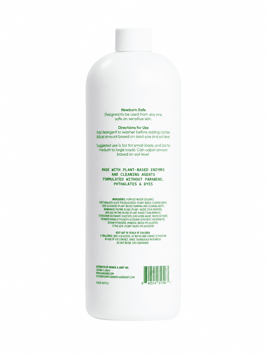 Monica + Andy Gentle Baby Laundry Detergent, Fragrance Free, Plant-Based Enzyme Formula for Baby Clothes and Sensitive Infant Skin, HE Compatible, 32 fl oz