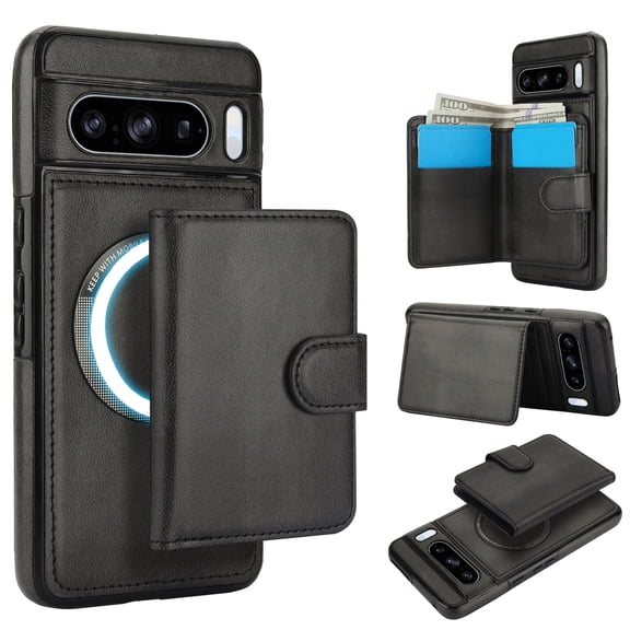 Allytechgroup Detachable Cards Holder Case for Google Pixel 8 Pro, RFID Blocking 2 In 1 Wallet PU Leather Case with Stand Compatible with Magsafe Shockproof Cover for Google Pixel 8 Pro, Black