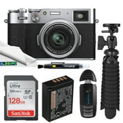 FUJIFILM X100V Digital Camera (Silver) with Essential Accessory Bundle: SanDisk 128GB Ultra SDXC Memory Card, Mini Gripster Tripod,