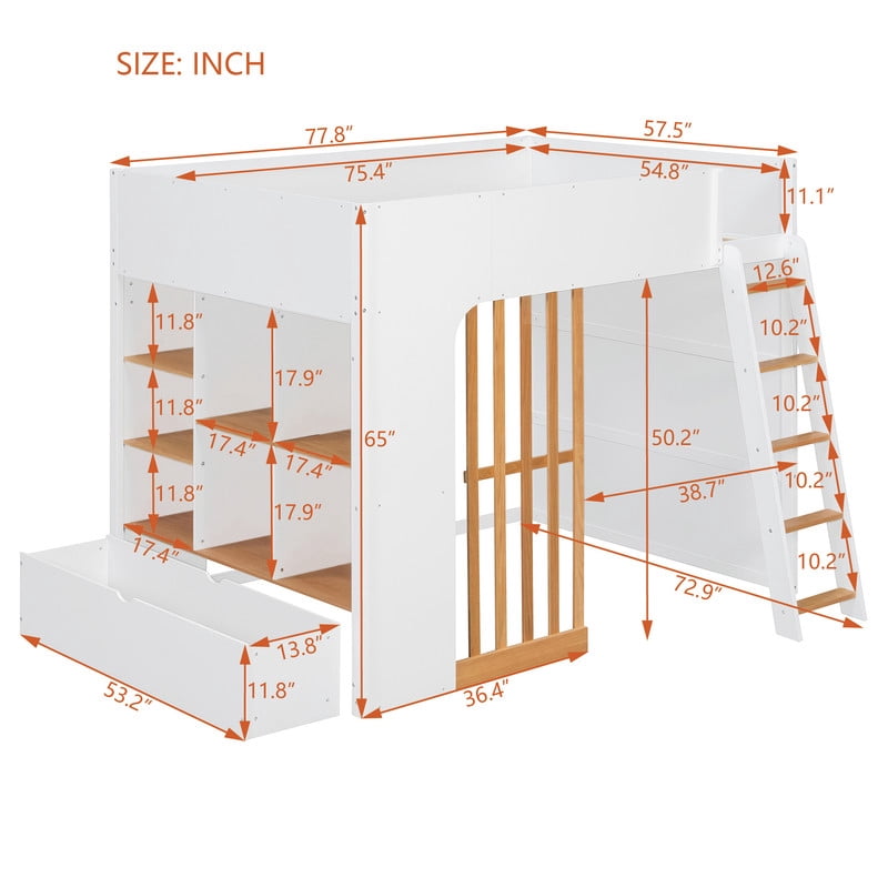 Full Size Kids Loft Bed with Shelves, Wooden High Profile Teens Storage Bed Frame with Ladder and Removable Large Drawer
