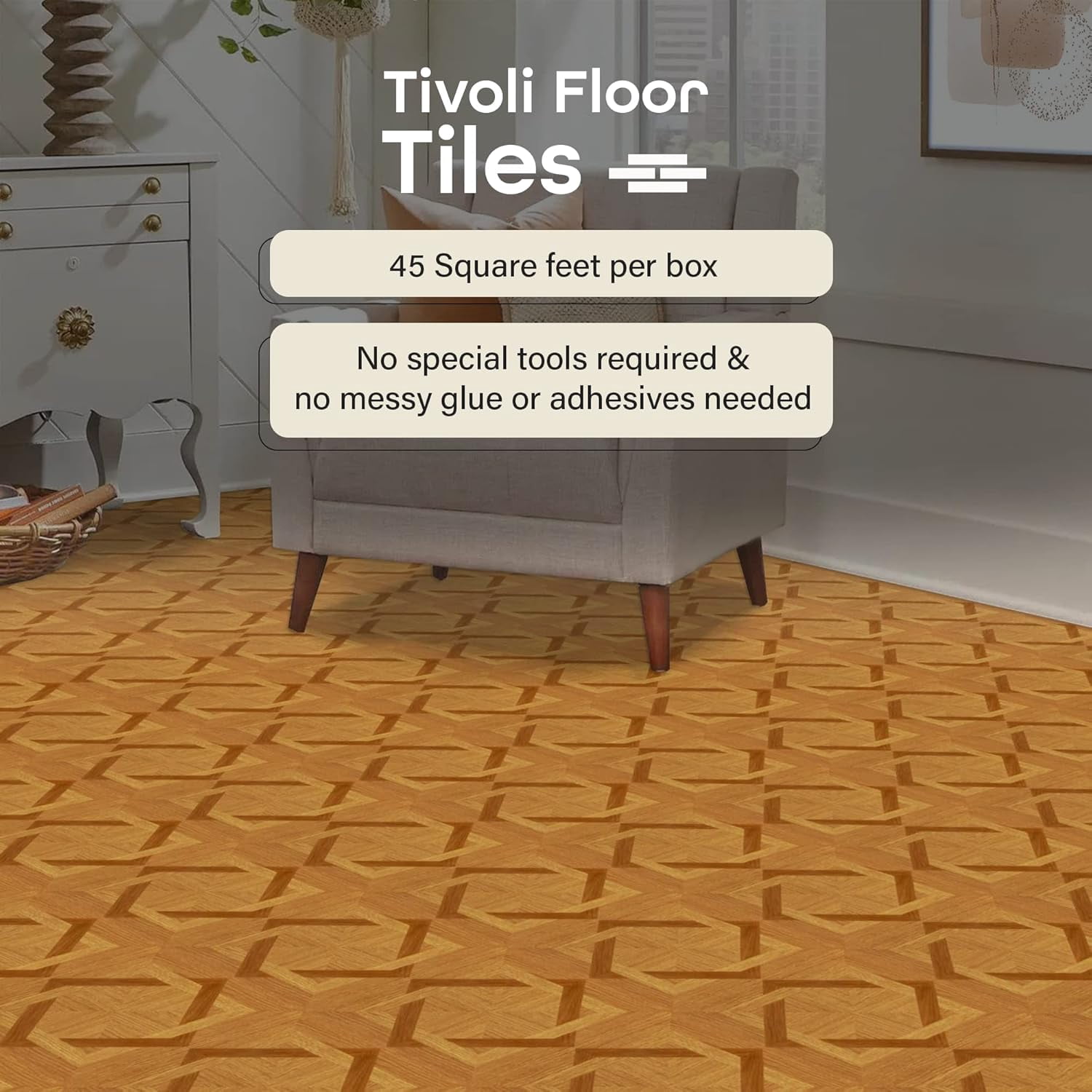 Tivoli Self Adhesive 45 Pcs Vinyl Floor Tiles, 12 x 12 inches Peel and Stick Floor Tile Stickers, Flooring Tiles for Kitchen, Dining, Bedroom, Living Room, Bathroom - Wood Diamond