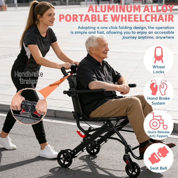 Tereitr Ultra Lightweight Foldable Transport Wheelchair for Adults, Aluminum Alloy Frame with Flip Up Armrests, Portable Travel Wheelchair with Storage Bag, 286 lbs Capacity