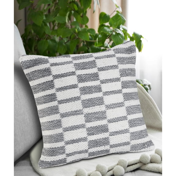 Laddha Home Designs Handwoven Striped Cotton Throw Pillow Cover - 18" - Gray and White