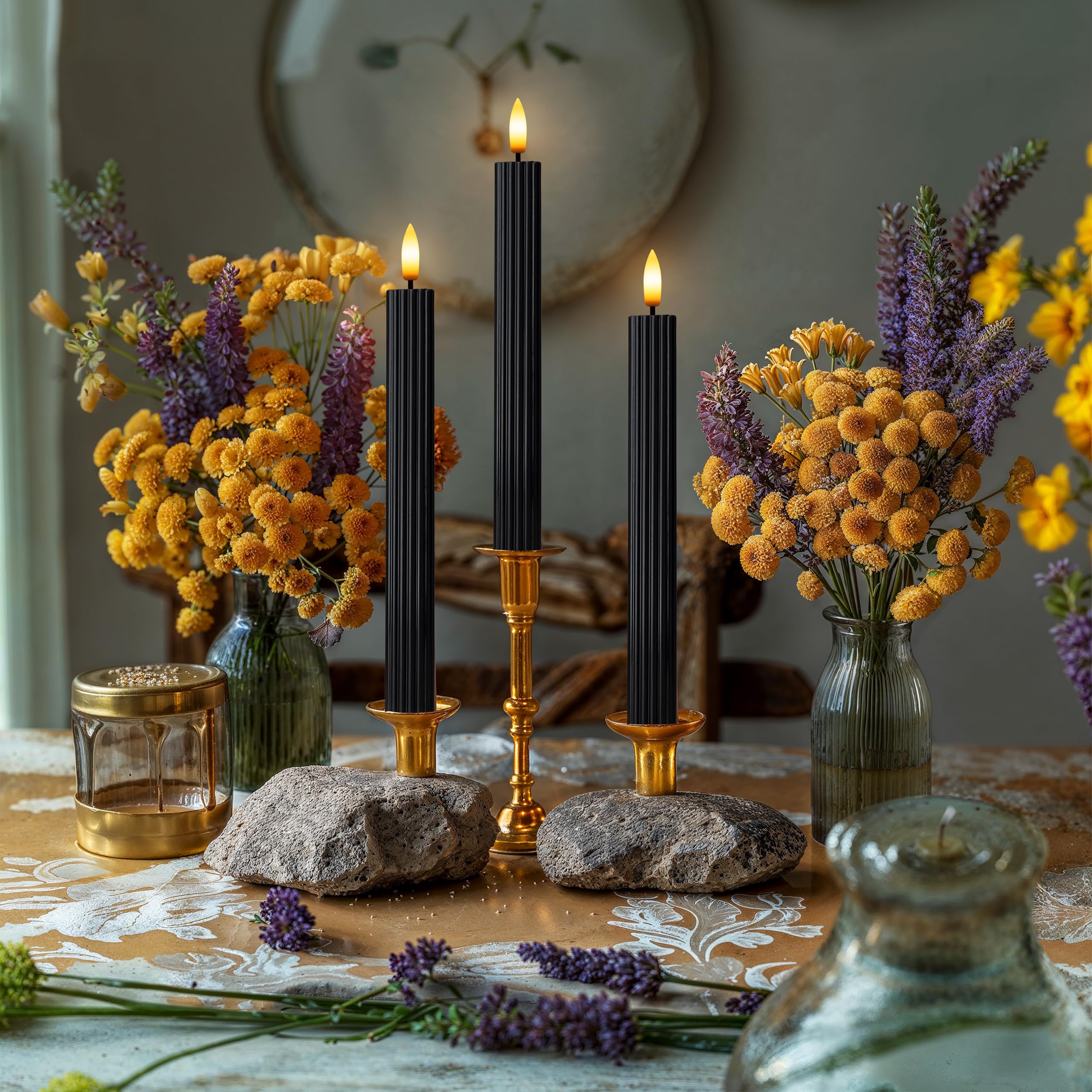WYZworks 10" Fluted Ribbed LED Black Grooved Pillar Candles, Remote & 24h Timer Memory, On/Off Switch - Flameless Dimmable Battery Operated w/Flicker Mode, Home Wedding Decor (6 Pack)