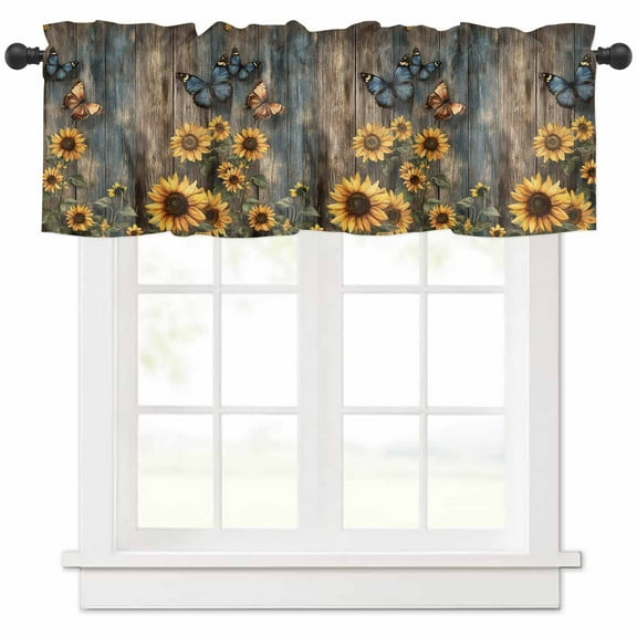 Spring Yellow Sunflower Valances for Windows Farmhouse Kitchen Curtains Valances Rod Pocket Valance Curtains for Kitchen Windows Butterfly Wood Retro Farmhouse Window Valances for Bathroom 42"x12"
