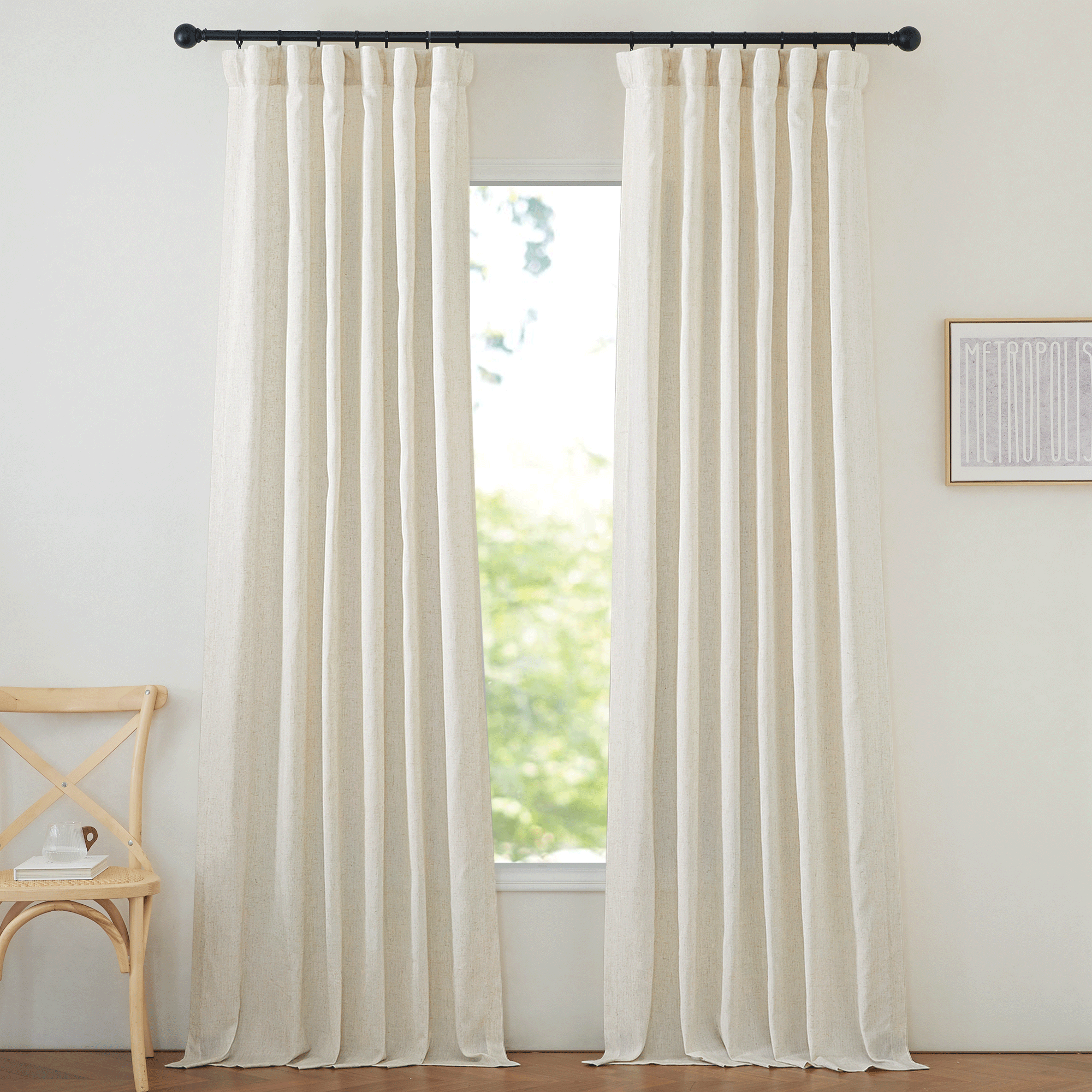 NICETOWN Natural Linen Curtains for Bedroom, 2 Panels, Flax Linen Light Filtering Privacy Added Hook Belt/Backtab/Rod Pocket Window Drapes, 50"x 90"