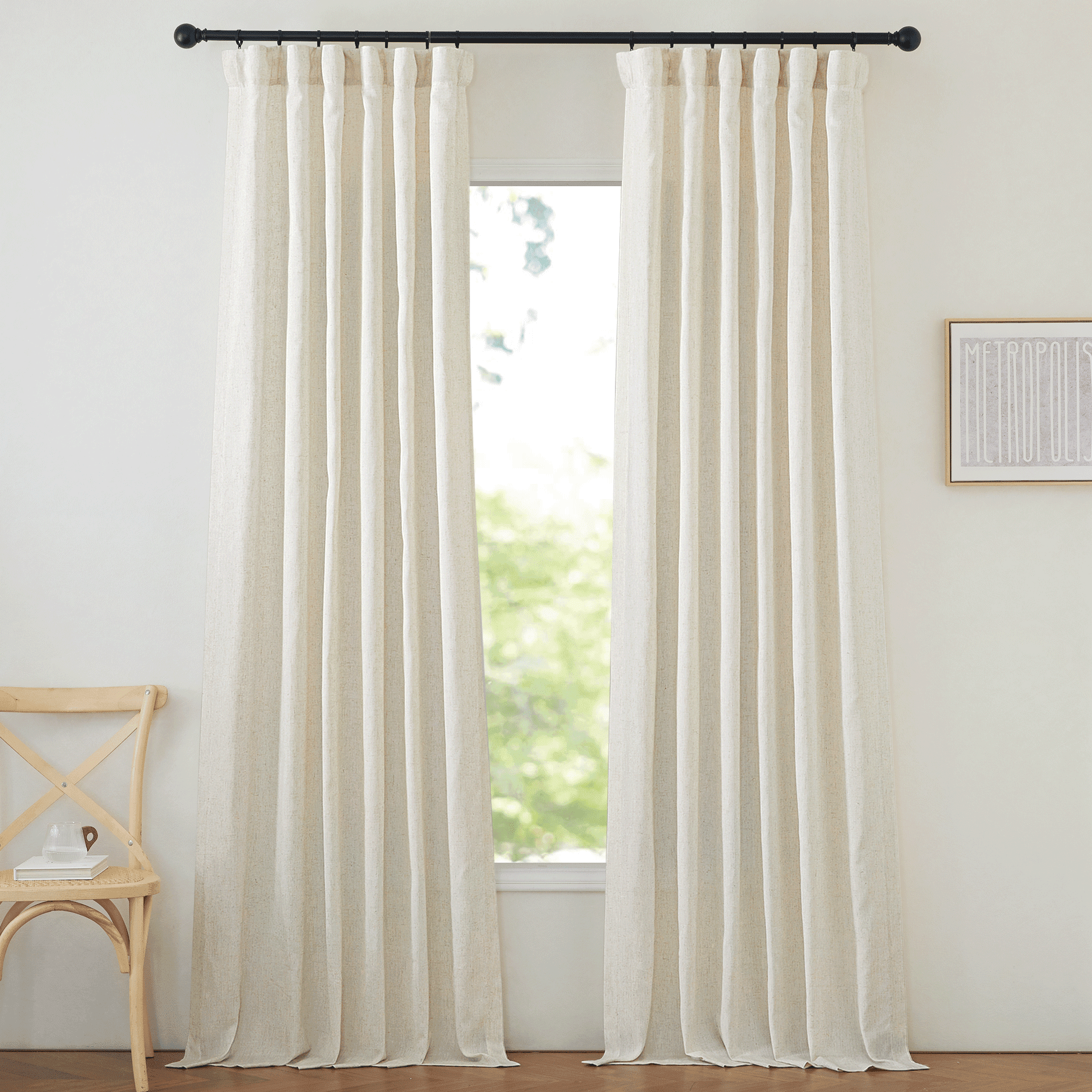 NICETOWN Natural Linen Curtains for Bedroom, 2 Panels, Flax Linen Light Filtering Privacy Added Hook Belt/Backtab/Rod Pocket Window Drapes, 50"x 90"