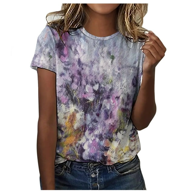 T-shirt à Manches Courtes pour Femmes, Mode Été, Imprimé, Col Rond, Coupe Ordinaire