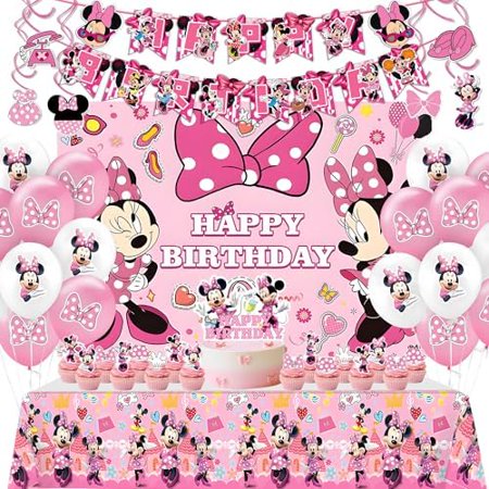 Birthday Party Supplies Minnie Theme Style Party Decorations Include Happy Birthday Banner Backdrop Tablecover Cake Toppers Cupcake Toppers Spiral Charms and Latex Balloons Set$$