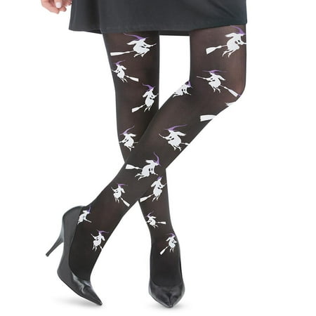 Thigh High Halloween Tights Witches on Broomsticks Black, Purple and White, One Size, Black