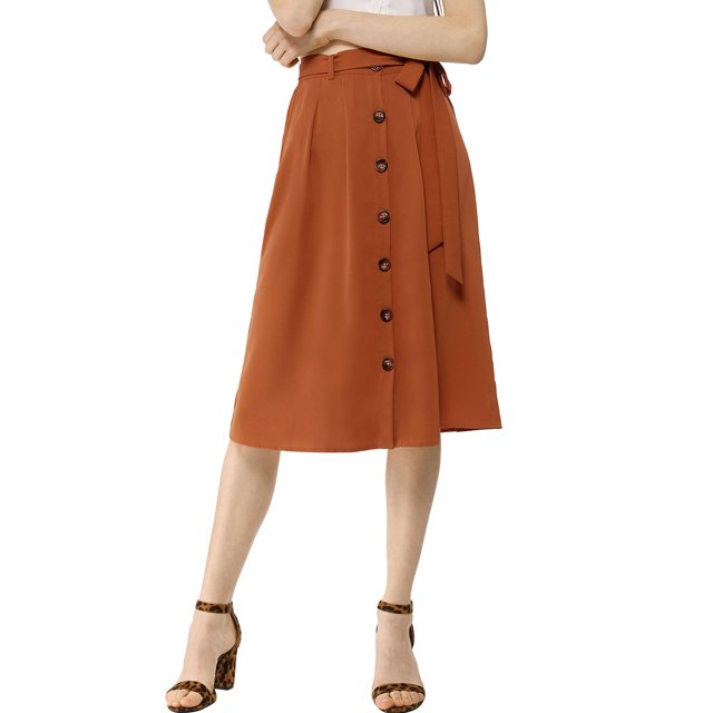 Unique Bargains Jupe Midi Évasée à Taille Haute avec Ceinture et Boutons pour Femmes