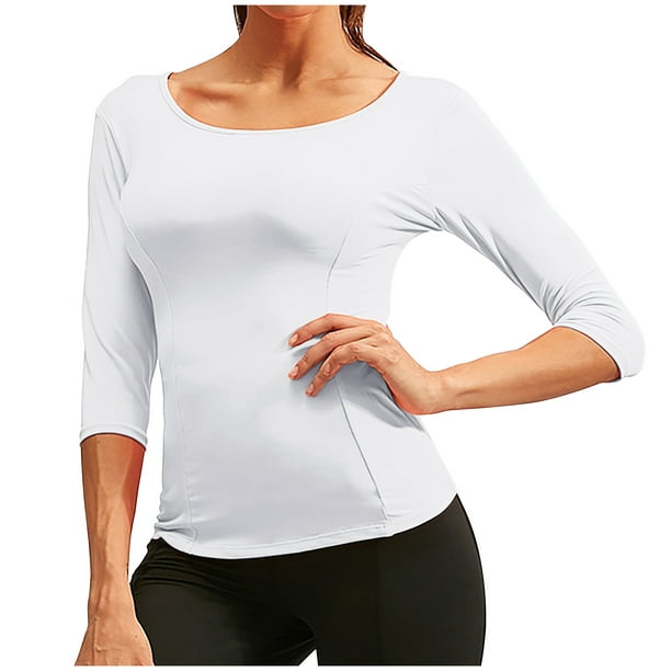 Women Cutout Workout Tops 3/4 Sleeves Scoop Neck Cross Back Yoga Shirts  Slim Fit Gym Running Athletic Shirts 