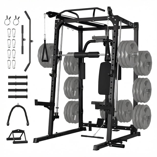 GARVEE Smith Machine Home Gym,2000 lbs Multi-Function Power Cage Cable Crossover System Strength Training Equipment,Lat Pulldown Machines with 8 Weight Storage Pin,T-Bar and More Training Attachments