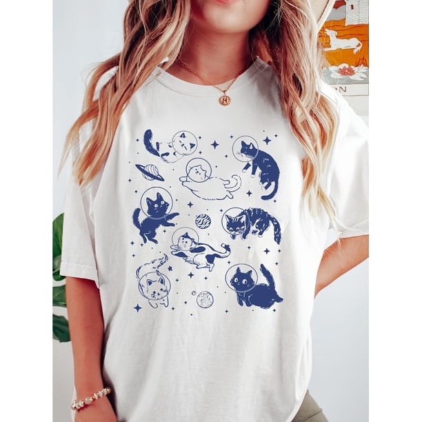 Space Cat Graphic T-Shirt for Cat Lovers - Casual Loose Fit Short Sleeve Top, Cotton Spandex Blend, Machine Washable, Spring/Summer Collection