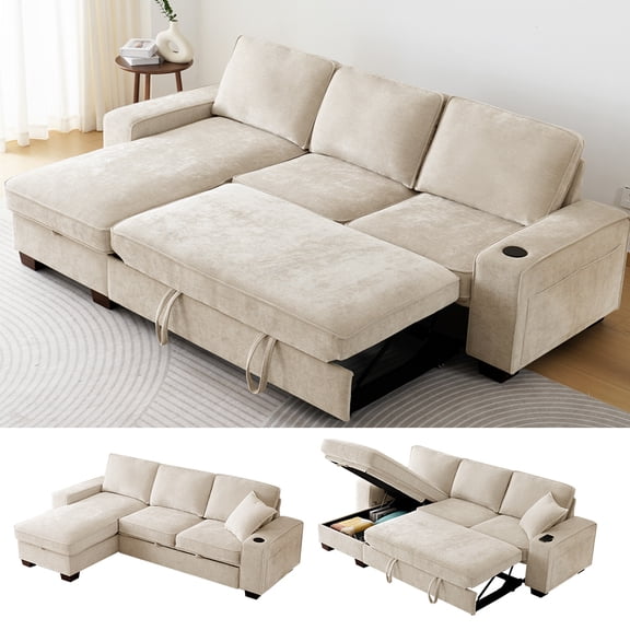 ASHOMELI 99" Convertible Sleeper Sofa Bed,L Shaped with Storage Chaise Pull Out Couch for Living Room,USB and Type-C,Removable Washable Chenille Covers (Beige)