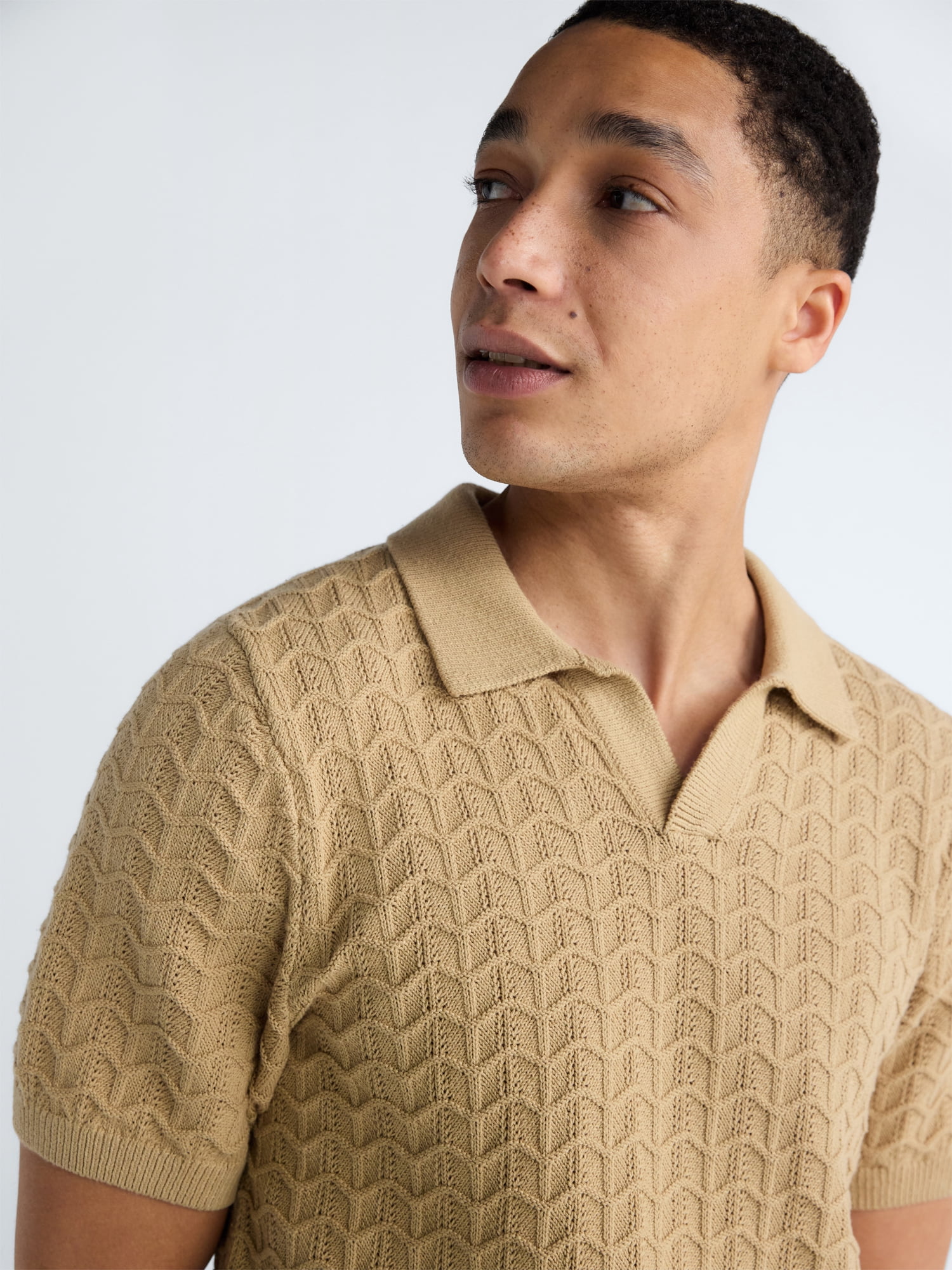 Free Assembly Men's Wavy Stitch Cotton Polo Sweater with Short Sleeves, Sizes S-3XL