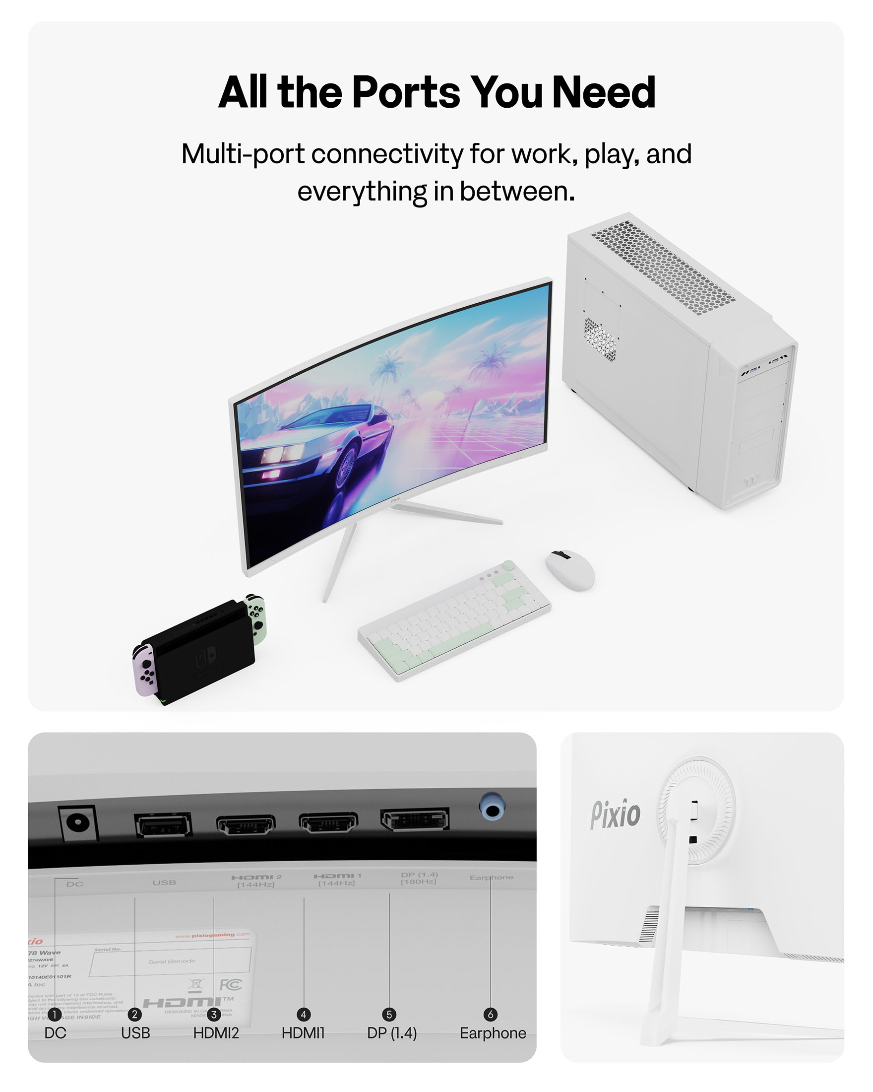 Pixio PXC278 Wave White 27 inch 180Hz Refresh Rate QHD 1440p Resolution 1650R Curved Fast VA Panel 1ms GTG Response Time Adaptive Sync HDR Curved Gaming Monitor