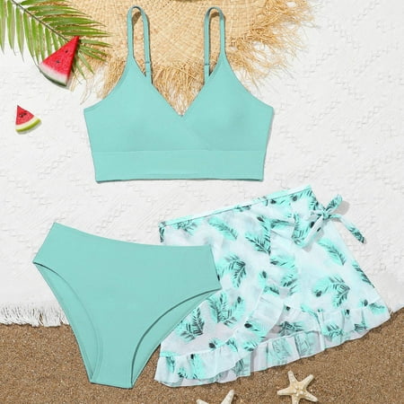 FASHOFT Girl s 3 Piece Bikini Sets Floral Print Spaghetti Straps Cute Swimsuits with Beach Skirt Bathing Suits Mint Green 9-10 Years