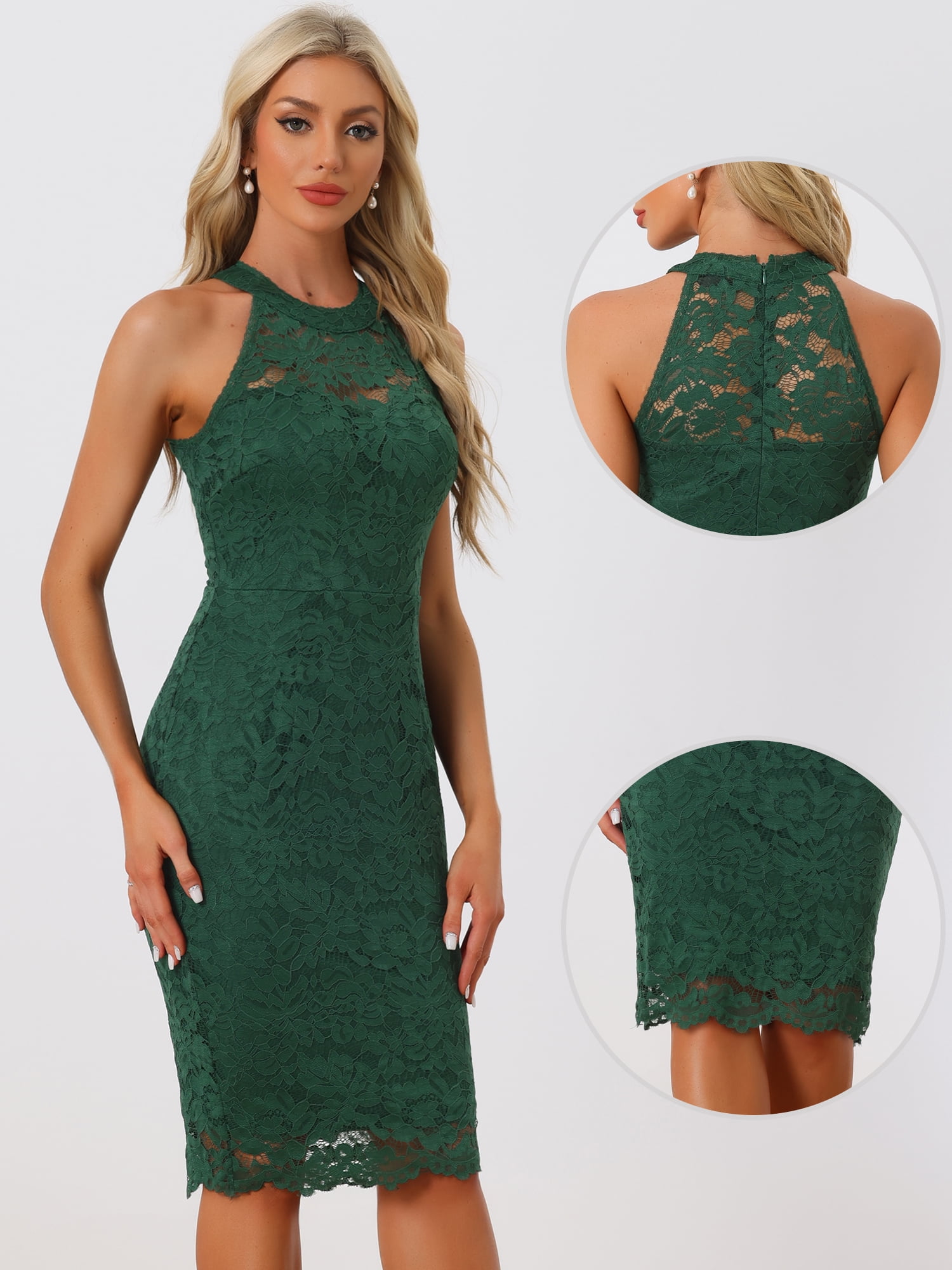 DARING DIVA Lace Halter Neck Sleeveless Bodycon Cocktail Sheath Dress S Dark Green