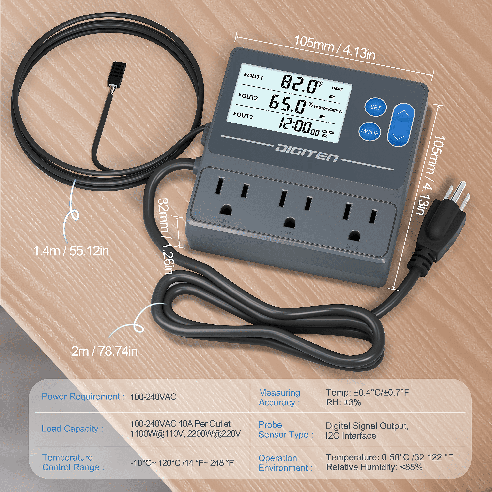 DIGITEN Reptile Temperature and Humidity Controller with Timer Outlet, Day-Night Function Thermostat, 3-Stage Outlet Plug in Temperature Controller for Reptile, Mushroom, Greenhouse