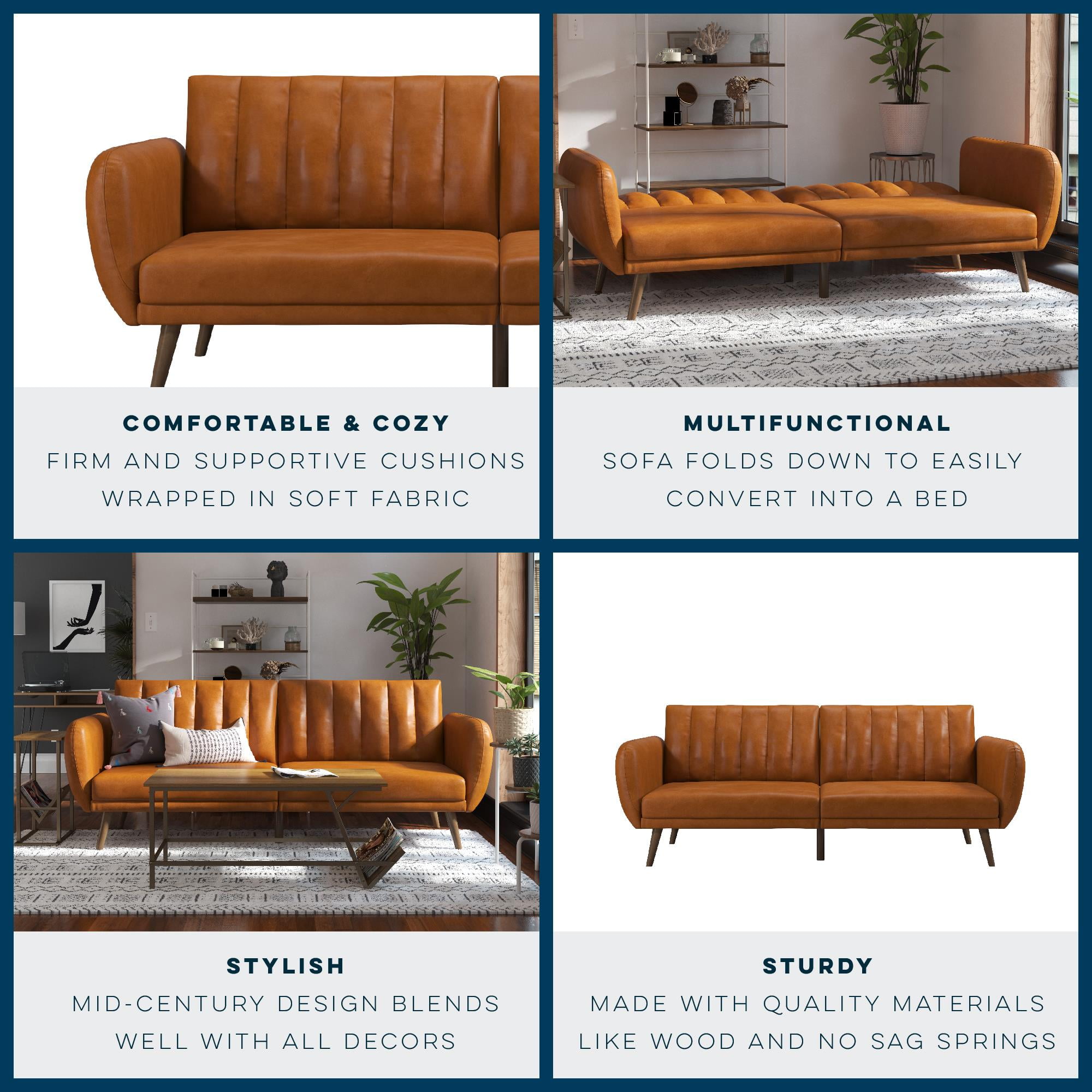 Novogratz Brittany Futon, Camel Faux Leather