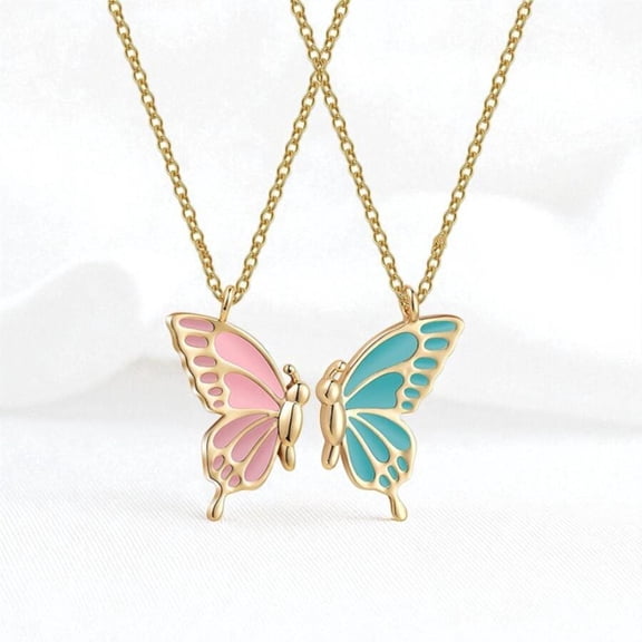 Butterfly Friendship Necklace Set Gold with Blue and Pink Accents Matching Best Friend Jewelry Pair for Women Christmas Gifts