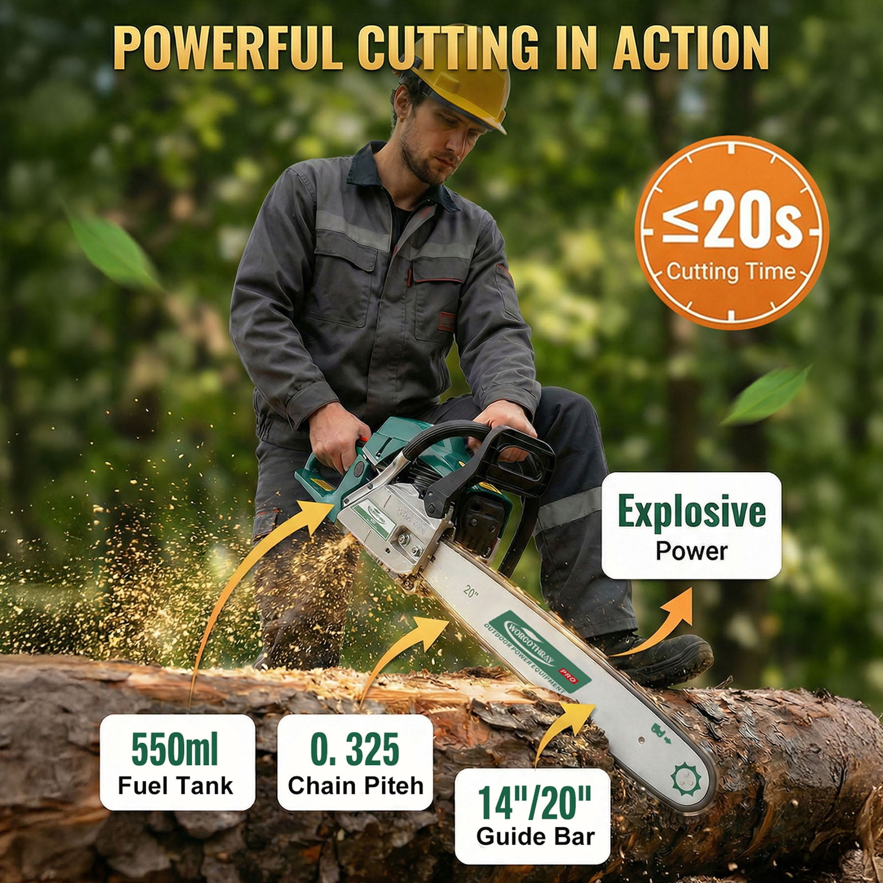 S-HOME 62CC 2-Stroke Gasoline Chainsaw with 14"+20" Guide Bars, Powerful Engine for Wood Cutting, Farm & Garden Use, Durable & Easy Start