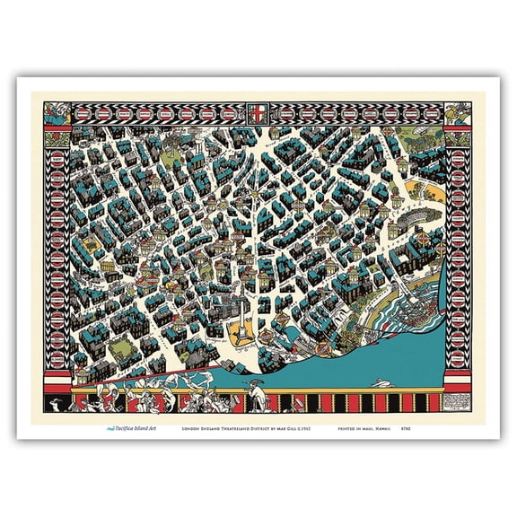 Map of London England Theatreland District - Vintage Pictorial Map by MacDonald (Max) Gill c.1915 - Master Art Print (Unframed) 9in x 12in