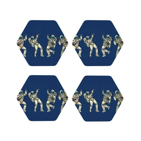 

Leather Coasters Set of 4 - Disco party Astronaut Dancing Lightweight Non-Slip Drink Coasters for Desk Anti-Scalding Desk Cup Coasters for Office Table Decor Hexagon