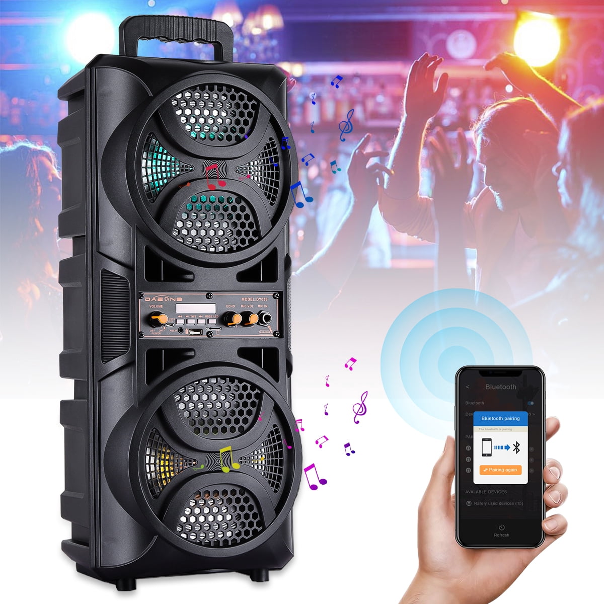 Funkeen Portable Bluetooth LED Speaker with Dual 6.5" Subwoofers, Black