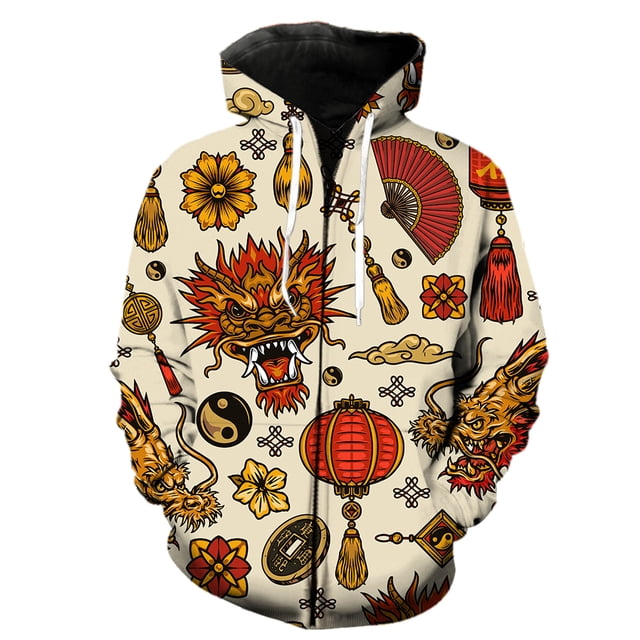 Sudadera con cremallera y diseño de dragón chino para hombre, informal, gran oferta 2024, sudaderas de hip hop de gran tamaño, divertidas, de manga larga, con estampado 3D, primavera y otoño.