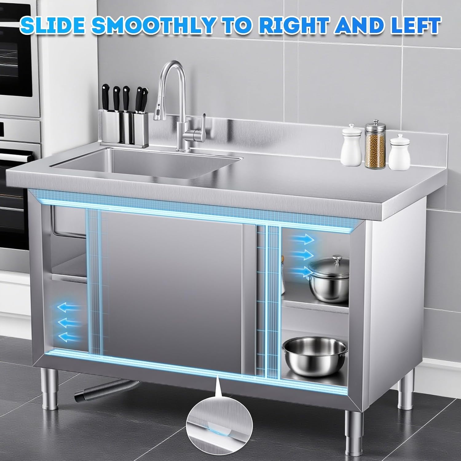 Esheno Outdoor Stainless Steel Kitchen Sink 22.2"D x 43.3"W x 31.5"H Freestanding Workbench Storage Pull-out Faucet For Garage