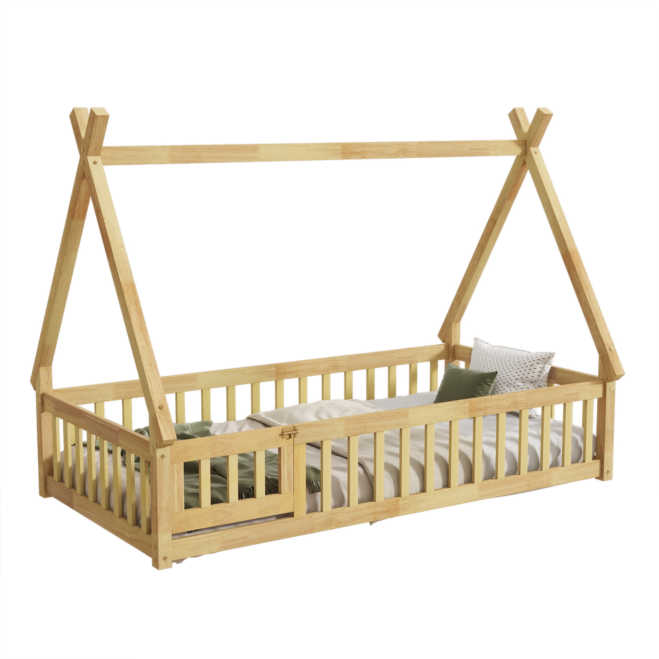 Noble House Misty Twin Teepee Floor Bed with Safety Fence and Door, Solid Rubber Wood Tent Bed, Kid's Room, Natural