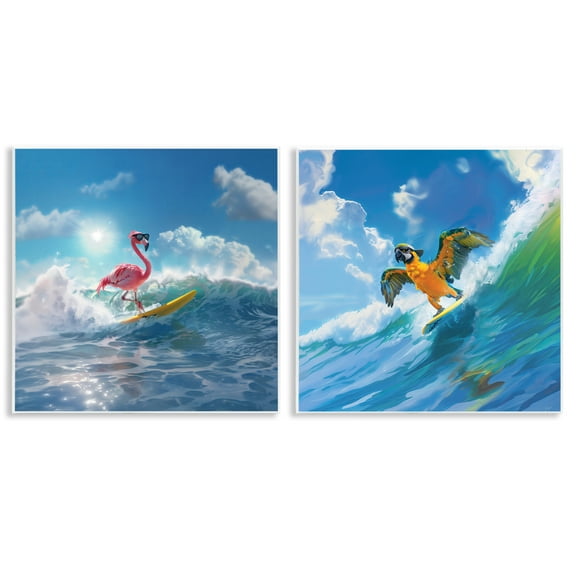 Stupell Industries Parrot & Flamingo Surf Nautical & Beach Painting Unframed Art Print Wall Art, 12 x 12, Set of 2