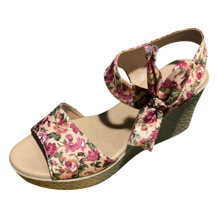 

Black Sandals Women Comfortable Vacation Ankle Strap Wedge Sandals Floral Pattern Bow Decor Wedge Sandals Shoes For Women Sandals Comfortable