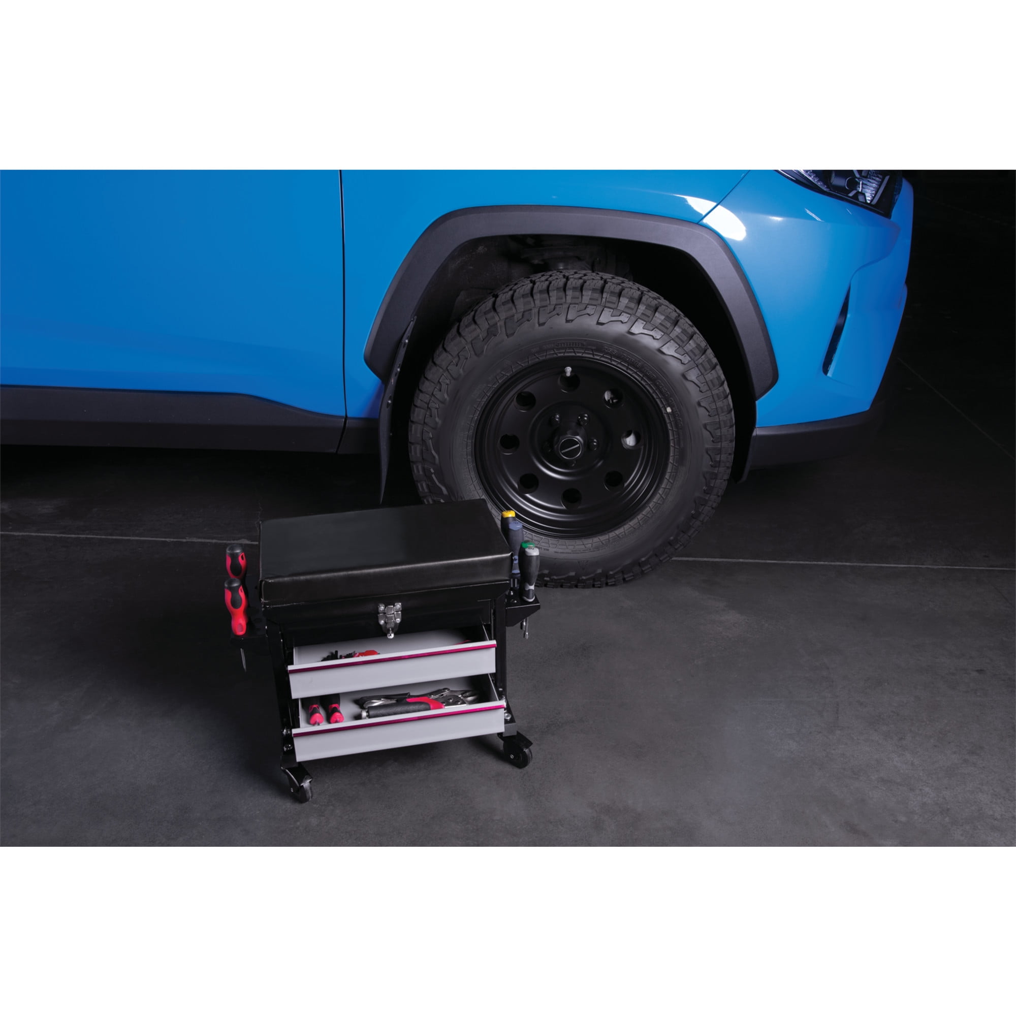 Performance Tool W85024 Drawer 2-Drawer Rolling Toolbox Work Seat - For Mechanic Garages and Workshops, 16x9-inch Seat, Black
