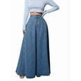 thumbnail image 3 of Women'S Retro High Waisted Button Fly Flared Long Pleated Flowy Swing A-Line Denim Maxi Skirts Dark Blue S, 3 of 10