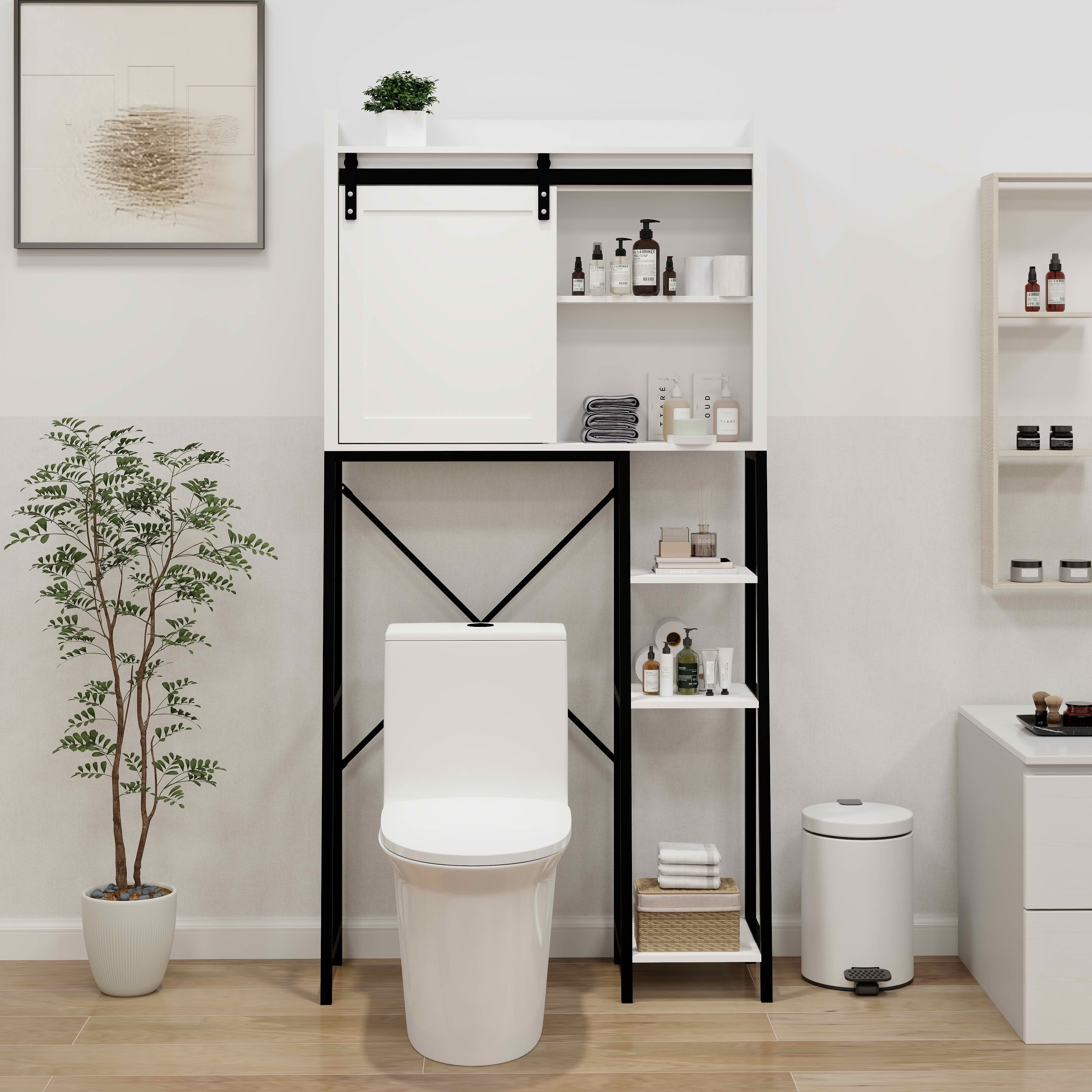MAYEERTY Over The Toilet Storage Cabinet, Bathroom Shelves with Sliding Barn Door Adjustable Shelves Side Storage Rack White