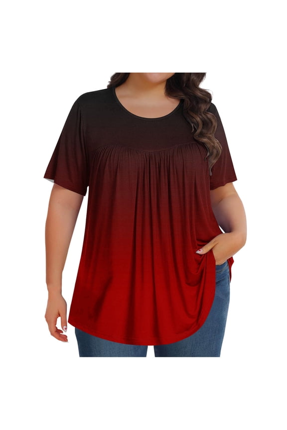 Oversized Tshirts for Women Gradient Gauze Shirts Fashion Women's Printed Plus Size Short Sleeve Solid Ladies Round Neck Fold Blouse Red 5X