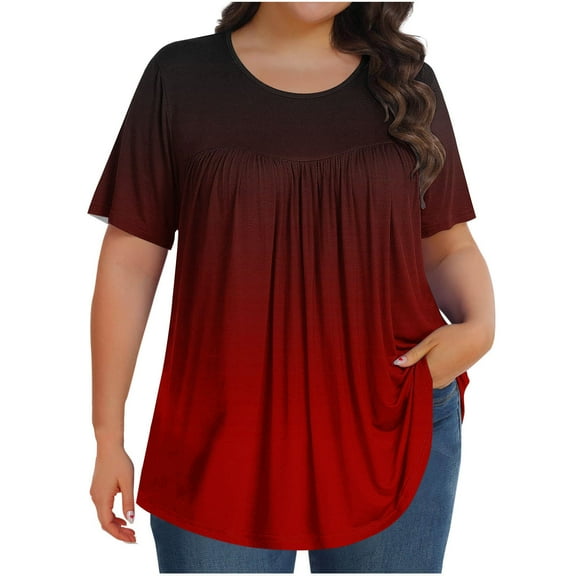 Jalioing Plus Size Short Sleeve Shirts for Women Crew Neck Pleated Gradient Casual Tops Flowy Loose Summer Tees