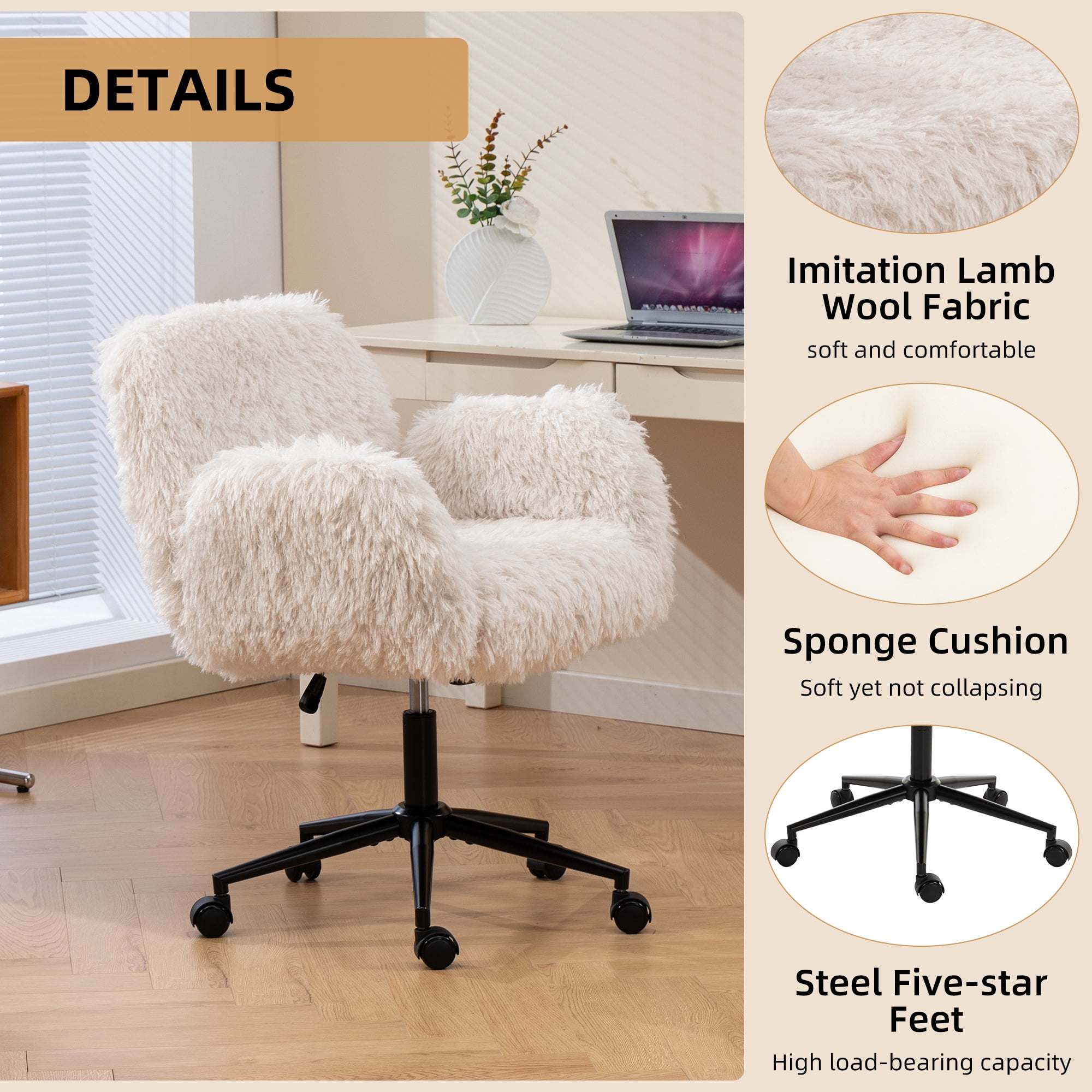 Jopath Criss Cross Chair with 5-Gear Adjustable Armrests and Wheels, Ergonomic Thickened Backrest Swivel Desk Chair for Home Office Vanity Bedroom and Living Room Beige Lamb Wool