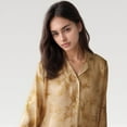 thumbnail image 6 of Women's Satin Pajama Set with Golden Botanical Print Long Sleeve Button Up Top and Relaxed Fit Pants - Medium, Yellow, 6 of 7