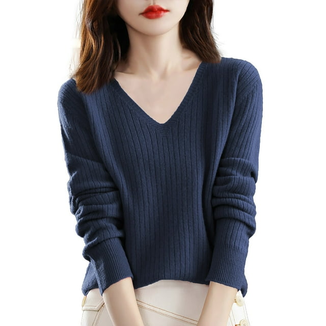 IMENGL Wool core spun yarn knit sweater, Blue L, Size M-2XL